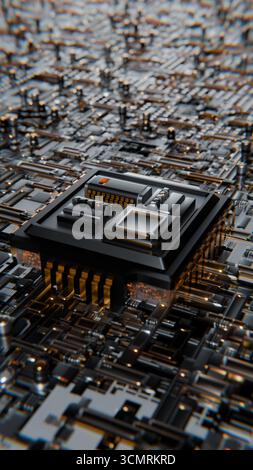 Erweiterter Microchip, der mit einem 3D-Loop-Video auf der Hauptplatine verbunden wird Stockfoto