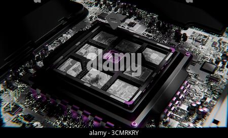 Erweiterter Microchip, der mit einem 3D-Video-Mainboard verbunden wird Stockfoto