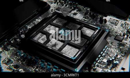 Erweiterter Microchip, der mit einem 3D-Video-Mainboard verbunden wird Stockfoto