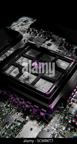 Erweiterter Microchip, der mit einem 3D-Video-Mainboard verbunden wird Stockfoto