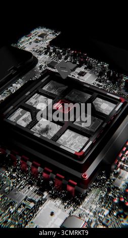 Erweiterter Microchip, der mit einem 3D-Video-Mainboard verbunden wird Stockfoto