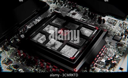 Erweiterter Microchip, der mit einem 3D-Video-Mainboard verbunden wird Stockfoto