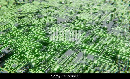 Erweiterter Microchip, der mit einem 3D-Loop-Video auf der Hauptplatine verbunden wird Stockfoto
