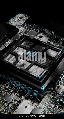 Erweiterter Microchip, der mit einem 3D-Video-Mainboard verbunden wird Stockfoto