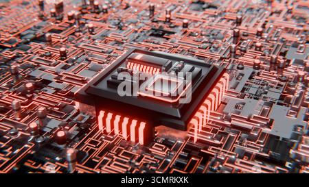 Erweiterter Microchip, der mit einem 3D-Loop-Video auf der Hauptplatine verbunden wird Stockfoto