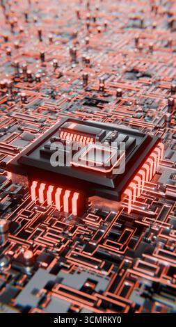 Erweiterter Microchip, der mit einem 3D-Loop-Video auf der Hauptplatine verbunden wird Stockfoto