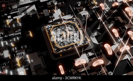 Erweiterter Microchip, der mit einer 3DVideo-Hauptplatine verbunden wird Stockfoto