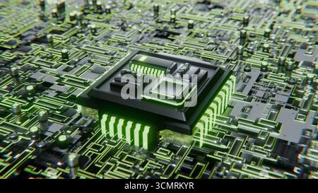 Erweiterter Microchip, der mit einem 3D-Loop-Video auf der Hauptplatine verbunden wird Stockfoto