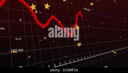Anzeige eines roten gezackten Liniendiagramms mit einem Trend nach unten und nach oben im digitalen Raster mit Zahlen und goldenen Sternen Stockfoto