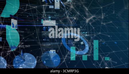 Anzeige holografischer Datenknoten, die ein virtuelles 3D-Netzwerkraster bilden, mit beweglichen Kreis- und Balkendiagrammen Stockfoto