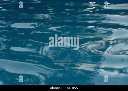 Nahaufnahme abstrakter Wellen und Reflexionen auf einer ruhigen blauen Wasseroberfläche. Perfekt als Hintergrund, Textur oder für Spa-, Entspannung- und Designthemen Stockfoto