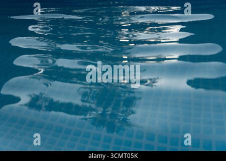 Nahaufnahme abstrakter Reflexionen und Muster auf der Oberfläche des blauen Beckenwassers. Ideal für Hintergründe, Texturen und Entspannungs- oder Designthemen Stockfoto