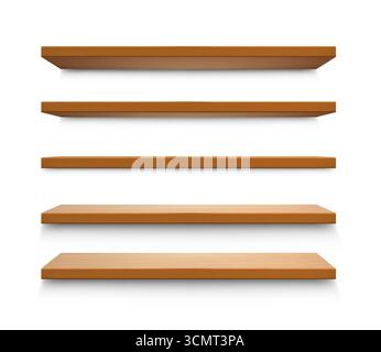 Holzregale. Holzregal, leeres 3D-Wandregal mit Schatten und Perspektive, Bücherkasten, Barmöbel für Ladenpräsentation oder Hausbibliothek. Vektor-isolierte realistische Vorlage. Stock Vektor
