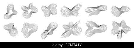 Dynamische wellenförmige Linienformen. Abstrakte organische amorphe Wellenform mit Welligkeit, einfache Musterflüssigkeit. Grafisches 3D-Spektrum für Schallimpulse. Digitaler Spiralblock, schwarzer Flüssigkeitseffekt. Vektorsatz. Stock Vektor