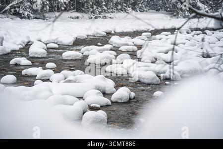 Kleiner Waldbach, der durch die Winterlandschaft verläuft - schneebedeckte Nadelbäume auf beiden Seiten Stockfoto