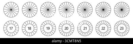 Die Kreisform, die in gleiche Segmente unterteilt ist, Version mit 17 bis 23 Teilen, kann als Infografik-Element verwendet werden Stock Vektor