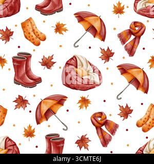 Nahtloses Muster mit Herbststiefeln, Regenschirm, Schal, Socken, Stuhltasche und Ahornblättern in einem gemütlichen Aquarellstil. Perfekt zum Dekorieren von Stoffen Stockfoto