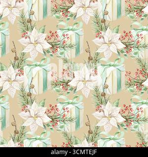 Nahtloses Weihnachtsmuster mit Geschenken, Weihnachtsstern, Tannenzweigen und Zweigen roter Beeren. Handgezeichnete Aquarellillustration. Pastellfarbenes Neujahr Stockfoto