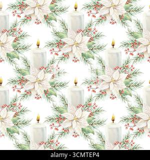Nahtloses Weihnachtsmuster mit weißen Kerzen, Weihnachtsstern, Tannenzweigen und Zweigen roter Beeren. Handgezeichnete Aquarellillustration. Pastellfarben Stockfoto