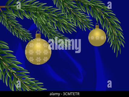 Festlicher Weihnachtshintergrund mit realistischen grünen Tannenzweigen und goldenen Kugeln, die mit Schneeflocken-Muster auf tiefblauem Hintergrund verziert sind Stock Vektor