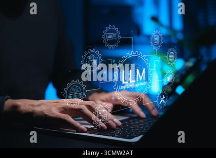 LLM Large Language Model und KI-Technologiekonzept. Mann, der ein Notebook mit LLM-Schnittstellensymbolen, künstlicher Intelligenz, Deep Learning, Stockfoto