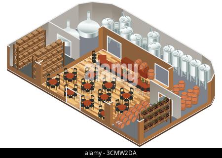 Eine Vektor-Illustration der Isometrie des Innenraums einer Bier- oder Weinbrauerei Stock Vektor
