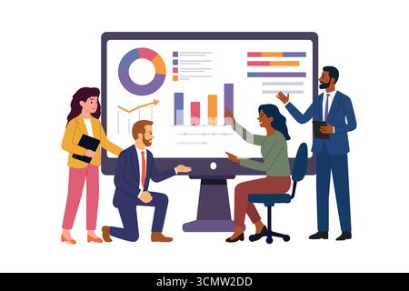 Eine Vektordarstellung von Geschäftsleuten, die ein Meeting mit Blick auf einen Großbildschirm durchführen Stock Vektor