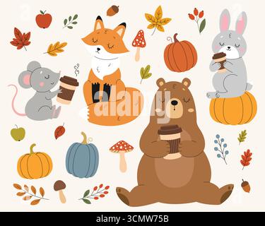 Niedliche Tiere, ein Fuchs, ein Bär, ein Kaninchen und eine Maus, genießen Sie warmen Kaffee umgeben von Herbstblättern, Kürbissen und Pilzen. Isolierter Hintergrund. Vektor Stock Vektor