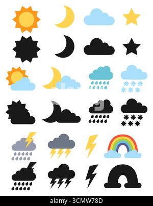 Große Auswahl an Wettersymbolen. Isolierter weißer Hintergrund. Illustration der Vektorabwicklung. Stock Vektor