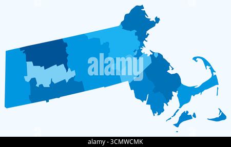 Karte von Massachusetts mit Countys. Nur eine einfache Grenzkarte mit Bezirksverteilung. Hellblaue Farbpalette. Stock Vektor