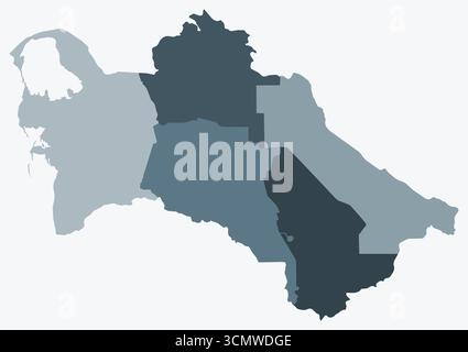Karte von Turkmenistan mit Regionen. Nur eine einfache Ländergrenzkarte mit regionaler Aufteilung. Blau-graue Farbpalette. Stock Vektor