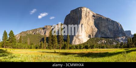 Dieses Sommerpanorama zeigt den vertikalen Granitmonolithen El Capitan, der aus dem Yosemite Valley im Yosemite National Park, CA, gewonnen wurde. Stockfoto