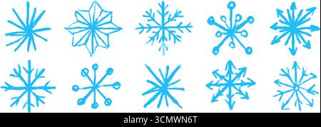 Blue Doodle Schneeflocken Kollektion. Buntstift handgezeichnete Schneeflocke Set. Vektor Pastellkreide-Form-Pack. Erstellen Sie funkelnde und kristallklare Skizzierelemente für Weihnachten, Neujahrsfeier, Winterfestdekoration Stock Vektor