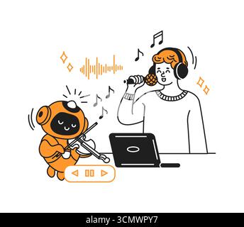 Illustration eines Roboters, der neben dem mit Mikrofon singenden Menschen Geige spielt. Musiknoten im Hintergrund. Lustiger und kreativer Stil mit Orange und Schwarz Stock Vektor
