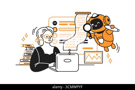 Zeichentrickfigur und Roboter arbeiten zusammen an kreativem Schreiben. Leuchtende Farben sorgen für eine verspielte Szene. Ideal für Content Creation Designs und Edito Stock Vektor