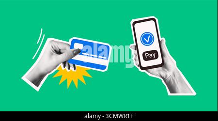 Digitale Abbildung einer Hand, die ein Mobiltelefon mit Zahlungs-App und Kreditkarte hält. Lebendige Farben. Steht für moderne und sichere kontaktlose Trans Stock Vektor