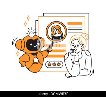 Fröhlicher Roboter mit einer Lupe, der einer durchdachten Frau mit Bewertungen in modernem Design hilft. Orange und Schwarz heben das Konzept hervor Stock Vektor
