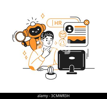 Illustration eines humanoiden Roboters, der einem Mann bei HR-Aufgaben hilft. Kräftige Farben in Orange und Schwarz. Steht für moderne Technologie in der Personalabteilung mit einer Minute Stock Vektor