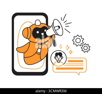 Cartoon-Roboter, der ein Megaphon verwendet, um eine Nachricht in einer digitalen Schnittstelle zu übermitteln. Schlichte Farben mit trendigem, flachem Cartoon-Stil, perfekt für technische Kommunikation Stock Vektor