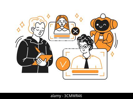 Farbenfrohe flache Illustration, die die Interaktion von Mensch und Roboter in einem Rekrutierungskontext darstellt. Energiegeladene Szene mit Avataren und digitaler Auswahl Stock Vektor