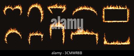 Satz feuriger Rahmen in verschiedenen Formen dargestellt. Helle Flammen vor dunklem Hintergrund erzeugen einen dramatischen Effekt. Ideal für Design und künstlerische Konzepte Stock Vektor