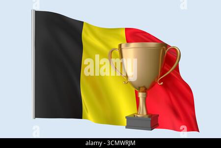 Erfolg Der Belgischen Flag-Trophäe. Hochwertiges, realistisches 3D-Rendering, das nationale Identität, Kultur, Stolz und weltweite Anerkennung repräsentiert. Stockfoto