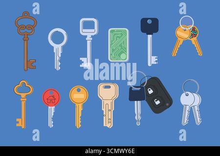 Verschiedene Schlüsselrohlinge. Wohnung, Haus, Auto und andere Schlüssel auf Schlüsselhaltern. Servicekonzept für Schlosser. Vektorabbildung. Stock Vektor