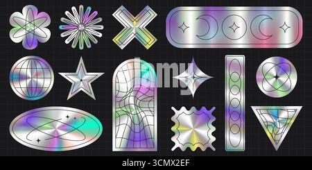 Holografisches Y2K-Stickerset mit irisierenden Verlaufsformen und geometrischen Mustern für futuristische Retro-Ästhetik. Metallic-Chrom-Elemente mit Regenbogenreflektionen, Sternen, Kugeln und abstrakten Formen Stock Vektor