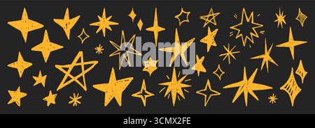 Goldene Sternformen mit Grunge-Textur und Buntstift-Funkenelementen auf dunklem Hintergrund für dekoratives Design. Handgezeichnete Himmelssymbole mit rauen Kanten und verschiedenen Formen für Urlaubsprojekte. Stock Vektor