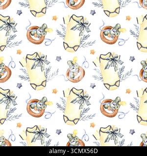 Nahtloses Muster mit Babykleidung, Schnullern, Beißbändern und Sternen-Aquarellillustration Stockfoto
