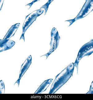 Sardinenfische in diagonalem, nahtlosem Muster in stilisierter Aquarellillustration auf einem transparenten Hintergrund für die Weihnachtssardine Beerdigung Stockfoto