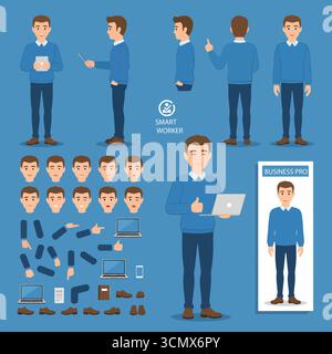 Geschäftsmann-Charakterkonstruktor für Animation. Vorder-, Seiten- und Rückansicht. Körperteile, Körperhaltungen, Posen Sammlung. Vektorabbildung. Stock Vektor