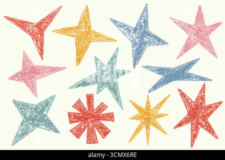 Handgezeichnete Sterne mit Kreide- und Pastellstift-Textur. Niedliche Sticker für Collage mit Doodle-Grunge. Kinder Farbzeichnung von Bling und Glitzern. Retro Stock Vektor