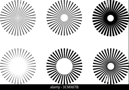 Eine Kollektion von sechs einzigartigen radialen Grafikelementen, die Logos, Hintergründen und dekorativen Designs ein dynamisches Flair verleihen. Jedes Design Stock Vektor